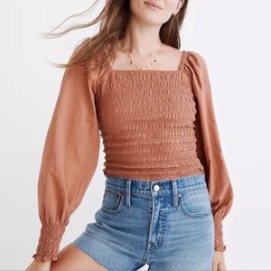 Madewell Lucie Bubble-Sleeve Smocked Top Size Large Cotton Square Neck Bohemian